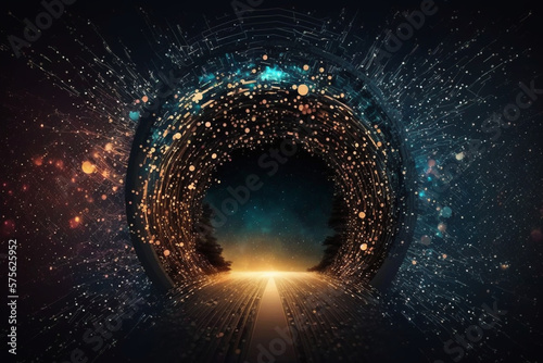Fototapeta Naklejka Na Ścianę i Meble -  Digital tunnel of cyberspace with particles and lighting, Technology network connections abstract background concept Generative AI