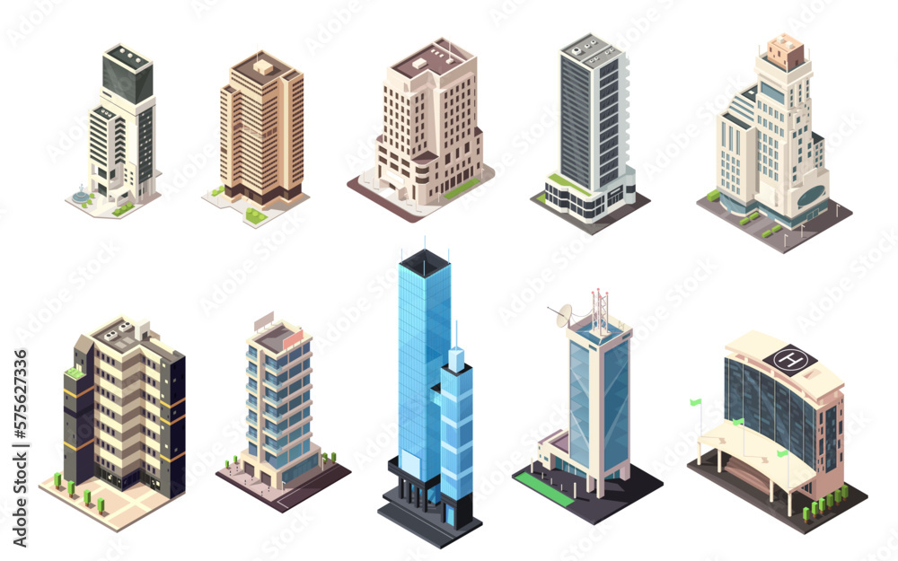 Isometric skyscrapers buildings collection. Set of business office and commercial towers. City development in 3D design. Finance cityscape architecture, street elements shape map. Vector illustration