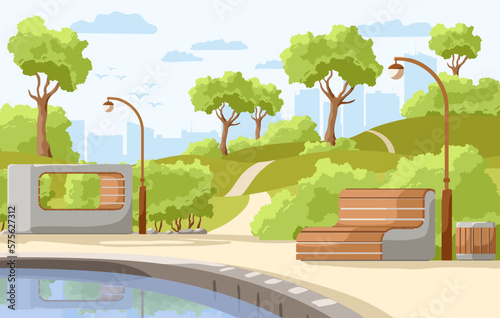 City park summer and spring time scenery landscape. Cityscape background, public place for walking and recreation with green trees, benches, bushes. Garden with lake and pathway. Vector illustration