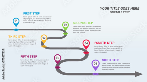 Editable Curve Road Map Infographic Template and Business Icon with Five Steps. Infographic with Road and Location Pin 5 Step Points for Presentations, Finance Reports, Web Design, and Yearly Reports.