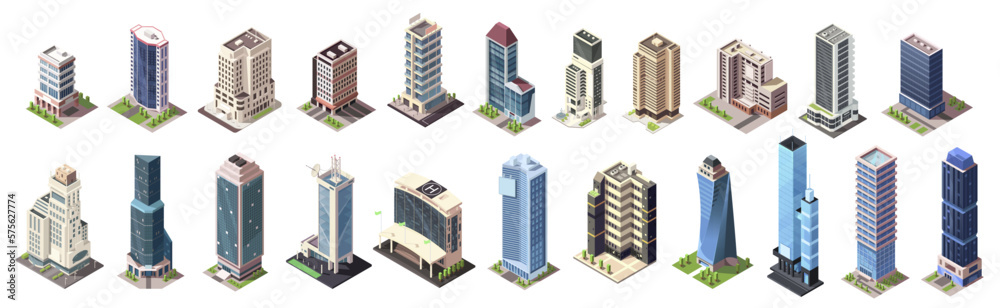 Isometric skyscrapers buildings collection. Set of business office and ...