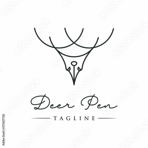 Deer and pen illustration with creative line art for logo research, education, adventure wilderness. design template