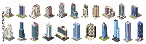 Isometric skyscrapers buildings collection. Set of business office and commercial towers. City development in 3D design. Finance cityscape architecture, street elements shape map. Vector illustration