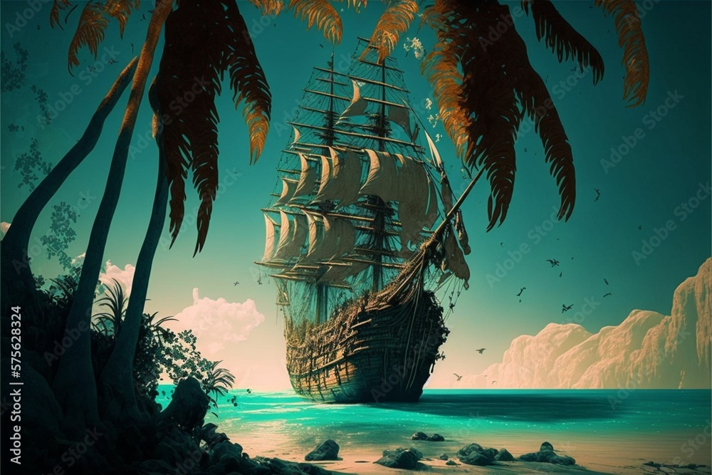 Fototapeta premium Ocean, Palm, Ship design. AI Generated