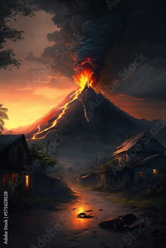 Volcano eruption at the foot of a small village. AI Generated