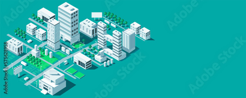 Isometric city map with buildings. Business office and commercial towers in 3d cityscape. City development concept for web design. Urban architecture and design of street elements. Vector illustration