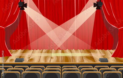 Empty stage in theater with wooden floor. Nobody in opera concert hall with spotlights. Red scene in drama theatre. Ceremony event or performance show concept with empty armchair. Vector illustration