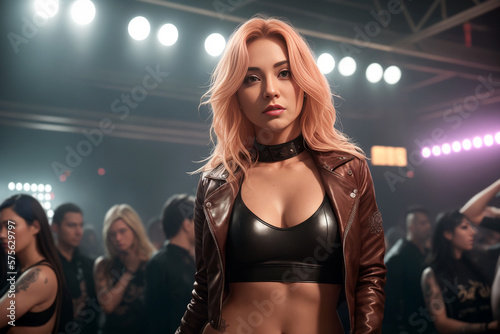 Beautiful sexy woman in lingerie and leather jacket in a nightclub. Generative AI
