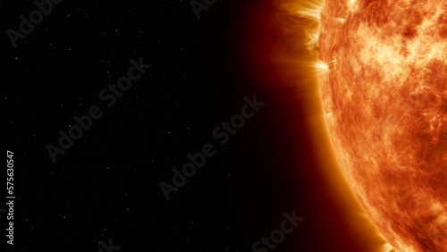Fototapeta Naklejka Na Ścianę i Meble -  Earth's sun in outer space. Artistic concept 3D illustration as close shot of solar surface with powerful bursting flares and star protuberances erupting with magnetic storms and plasma flashes.