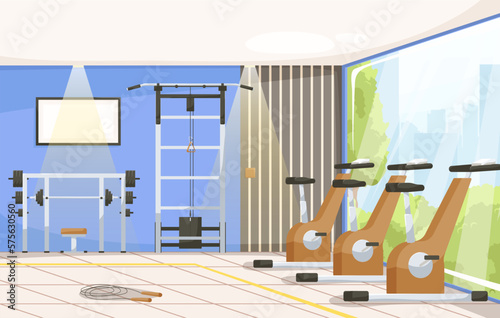 City sport club empty interior. Fitness equipment and gym machines for body workout and exercises with weights indoor room. Professional cardio bicycle, barbell bench and dumbbell. Vector illustration