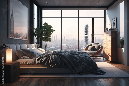 Modern design bedroom with cityscape view