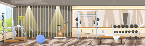 City sport club empty interior. Fitness equipment and gym machines for body workout and exercises with weights indoor room. Professional treadmill, bicycle, barbell and dumbbell. Vector illustration