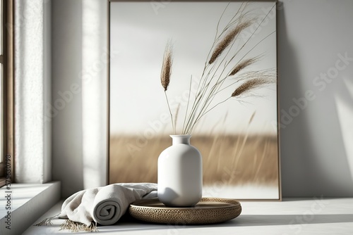 Fotografia Modern white ceramic vase with dry Lagurus ovatus grass and marble tray on vintage wooden bench, table