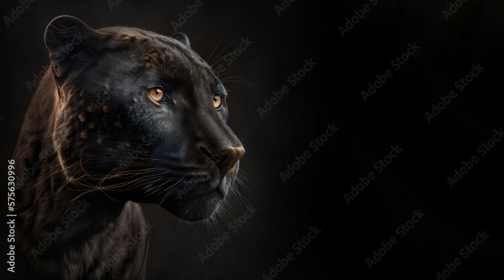 portrait of a black panther, photo studio set up with key light, isolated with black background and copy space - generative ai	