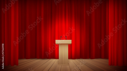 Red stage velvet curtain and wooden podium. Theater or opera scene drape backdrop in vintage style. Grand opening premiere backstage. Portiere for ceremony of awards performance. Vector illustration