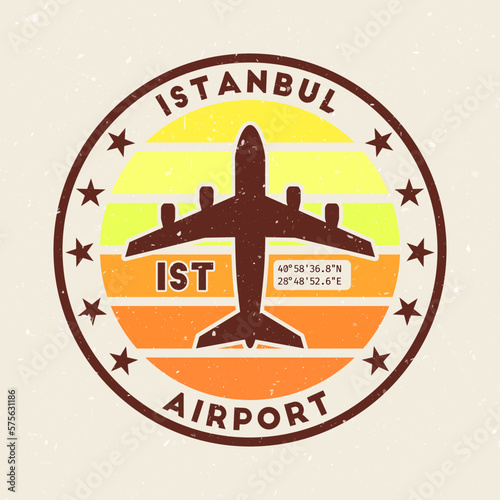 Istanbul airport insignia. Round badge with vintage stripes, airplane shape, airport IATA code, and GPS coordinates. Attractive vector illustration.