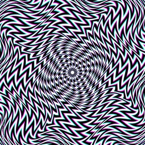 Optical art background of white black and cyan magenta distorted stripes. Psychedelic warped round ornament design.
