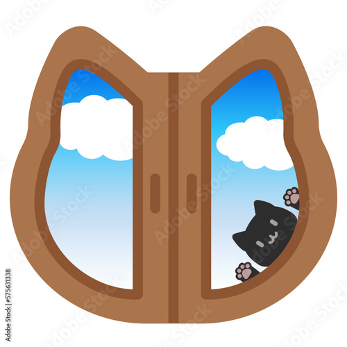 かわいいねこの顔型の窓枠素材　青空　黒猫
