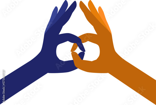Element hand in yoga Jnana Mudra. Vector illustration for a yoga studio, spa, postcards, souvenirs. Сolorful hands in meditation in yoga, gestures for health and energy roof cover protect