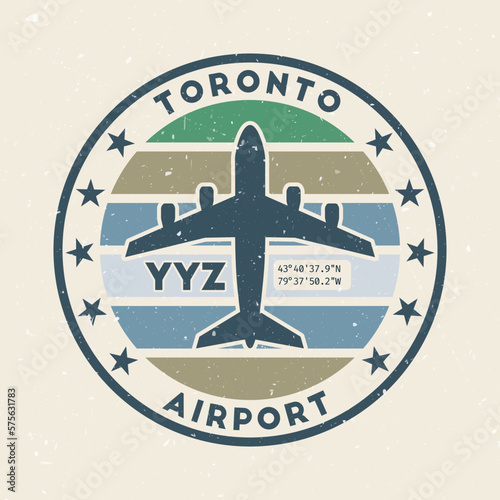 Toronto airport insignia. Round badge with vintage stripes, airplane shape, airport IATA code, and GPS coordinates. Charming vector illustration.