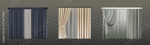 Luxury black, golden and gray silk velvet curtains and draperies interior decoration. Set of design idea for theatre stage. Realistic icons collection isolated on white background. Vector illustration