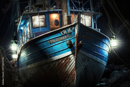 Old wooden blue fishing boat in the harbor during the night. AI-generated.