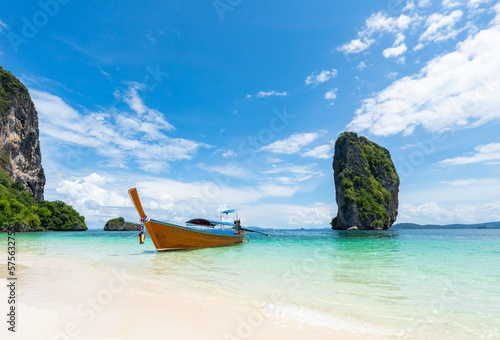 Thai traditional wooden longtail boat and beautiful sand beach in Krabi province. Thailand. © frank29052515