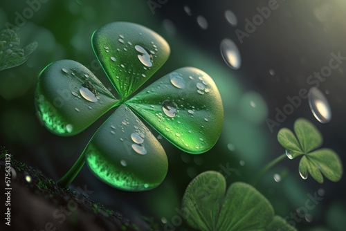 Saint Patrick's Day Single Clover Background of Space for Text. Generative AI.