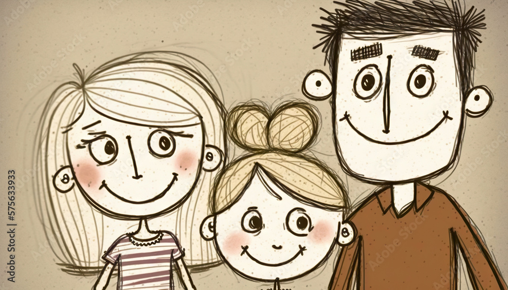 Family portrait hand drawn by a child. Based on Generative AI Family portrait hand drawn by a child. Based on Generative AI