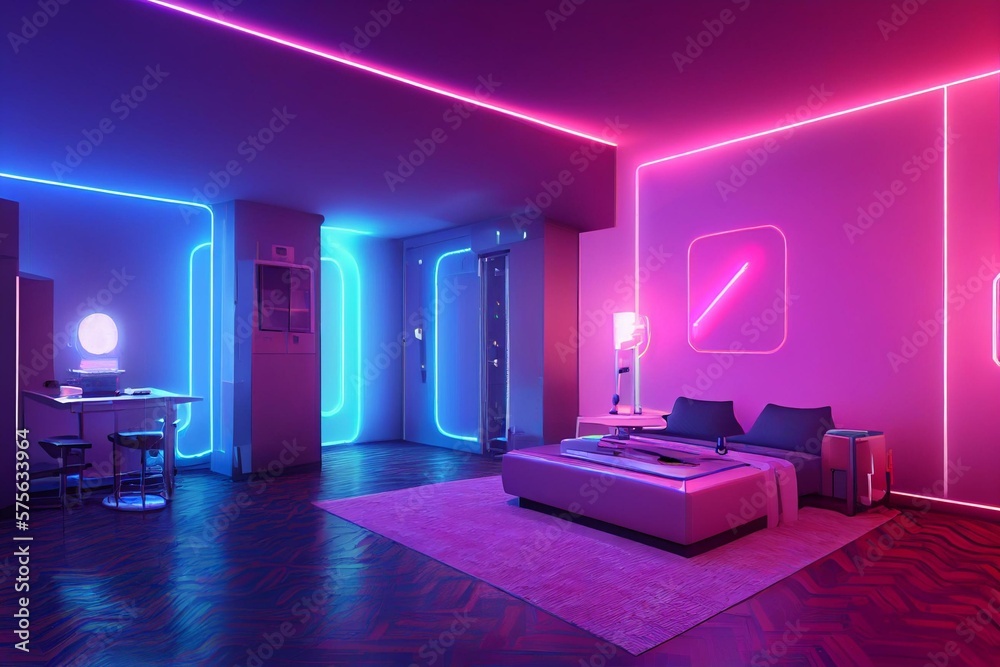 Nostalgic retro room in 80s synthwave or cyberpunk style. Futuristic ...