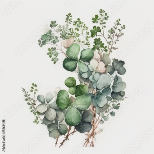 Saint Patrick's Day Watercolor Clover Illustration Isolated on White Background. Generative AI.