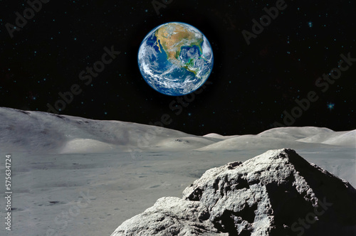 Planet Earth as seen from surface of The Moon.  Elements of this image furnished by NASA.