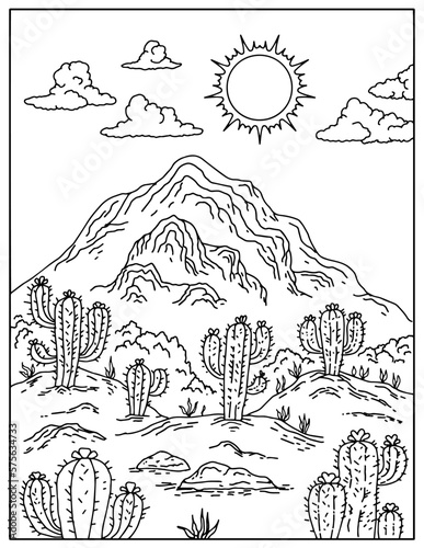hand drawing desert cactus landscape coloring page for kid