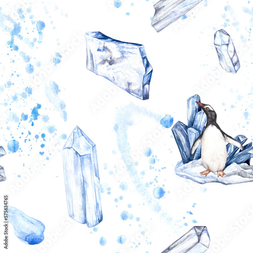 Fototapeta Naklejka Na Ścianę i Meble -  Watercolor illustration of a seamless pattern heart of the Arctic, penguins, crystals, ice floes, splashes, snow, watercolor spots in blue tones isolated on a transparent background