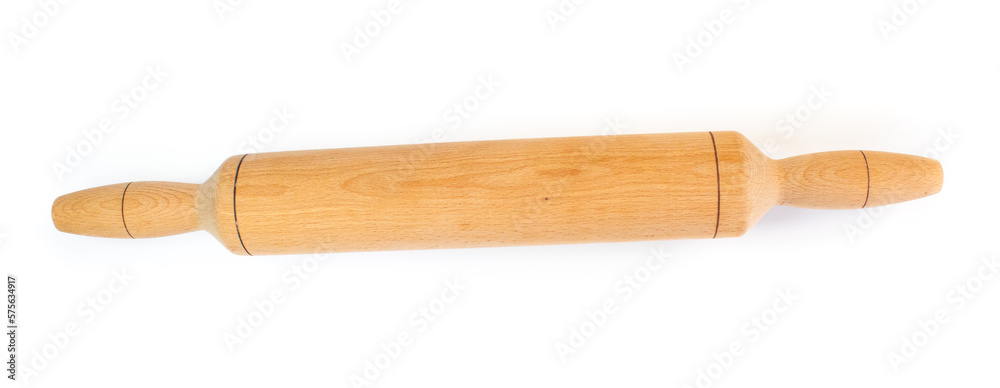 Wooden rolling pin isolated on a white background. Top view, flat lay. Wooden rolling pin isolated on a white background. Top view, flat lay.