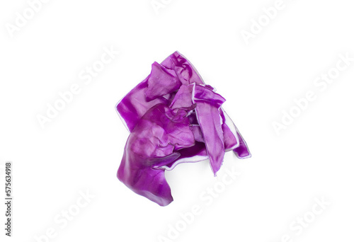 Purple or red cabbage leaves isolated on a white background. Top view, flat lay.