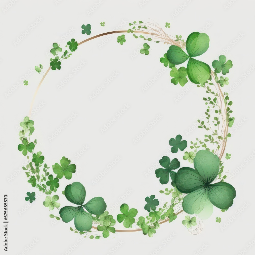 Circular Clover Wreath Isolated on White Background. Concept for Saint Patrick's Day Invitation. Generative AI.
