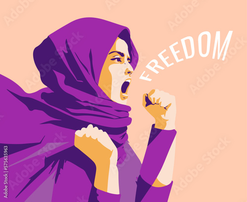 muslim woman shouting against arab women's rights, purple colors, vetor, illustration