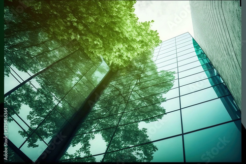 Environmental friendly and sustainable office building in the modern city . Sublime Generative AI image .