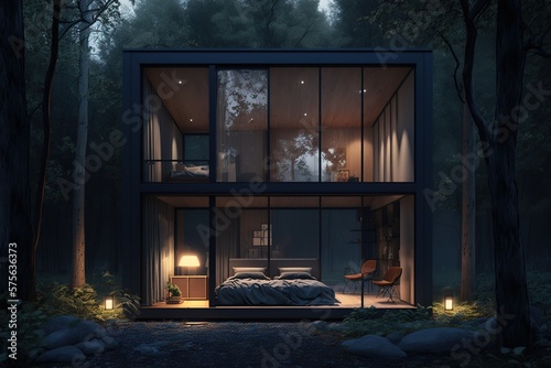 3D rendering evening bedroom house in the forest