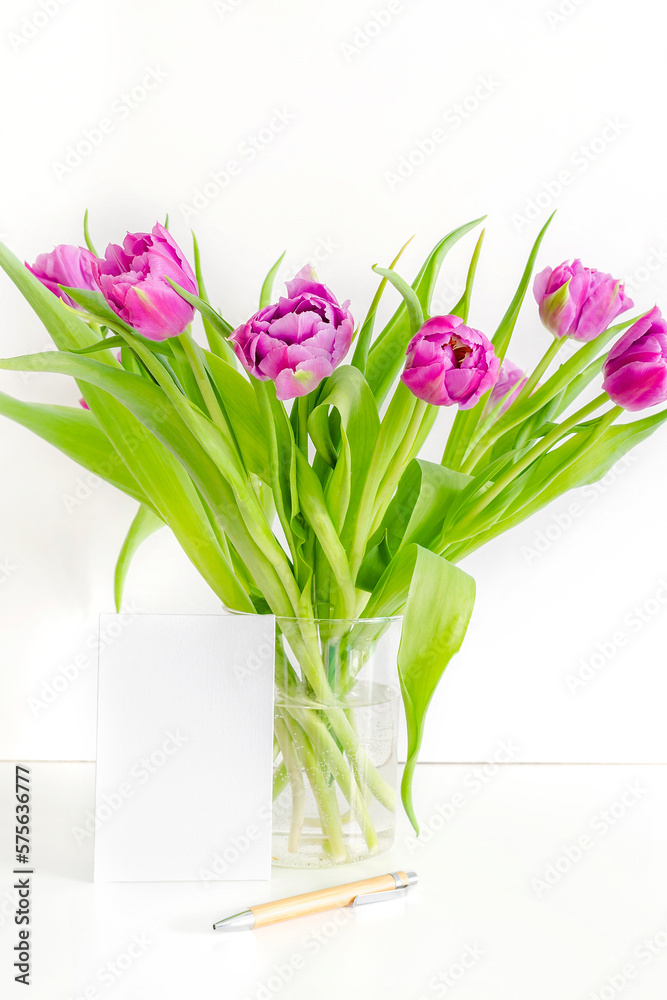Violet purple tulips colorful bouquet in vase.Beautiful tenderness flowers,close up.Spring floral romantic blank card mockup.Flower shop,florist design,Womens,Valentines,Mother day Violet purple tulips colorful bouquet in vase.Beautiful tenderness flowers,close up.Spring floral romantic blank card mockup.Flower shop,florist design,Womens,Valentines,Mother day