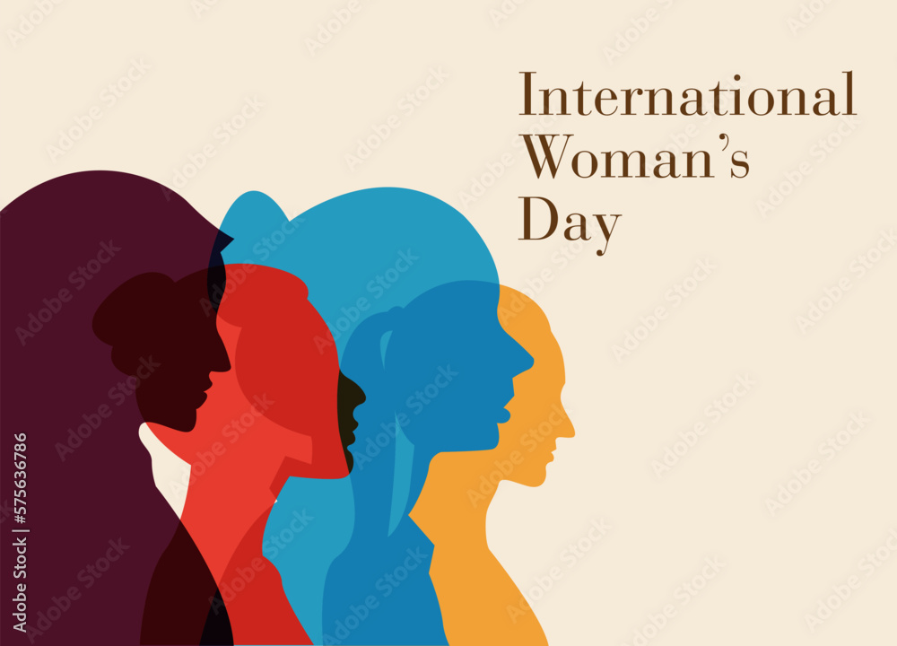 Silhouettes of four women standing together for International Women's Day card with Women's friendship.
Vector concept of the female's empowerment movement and unity.