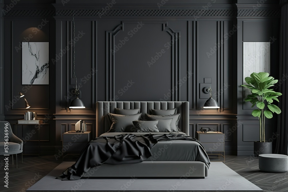 Luxurious large bedroom with black dark gray walls and a bed. Deep rich