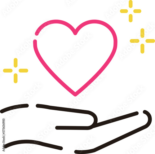 Hand icon with heart. It means support, assistance and love.