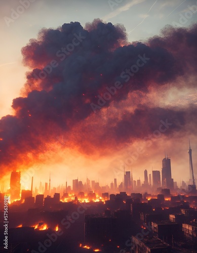Apocalyptic view of burning city buildings post-apocalypse, generative AI