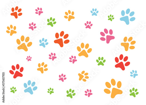 Colorful cat or dog paw prints pattern vector background
