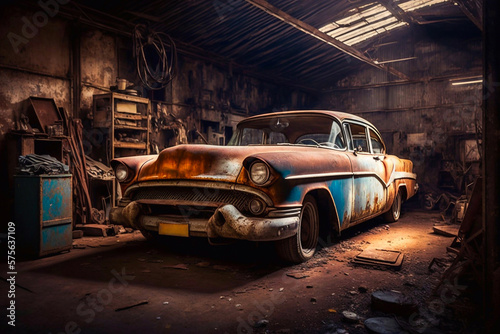 Old car in the auto repair shop. Generative AI