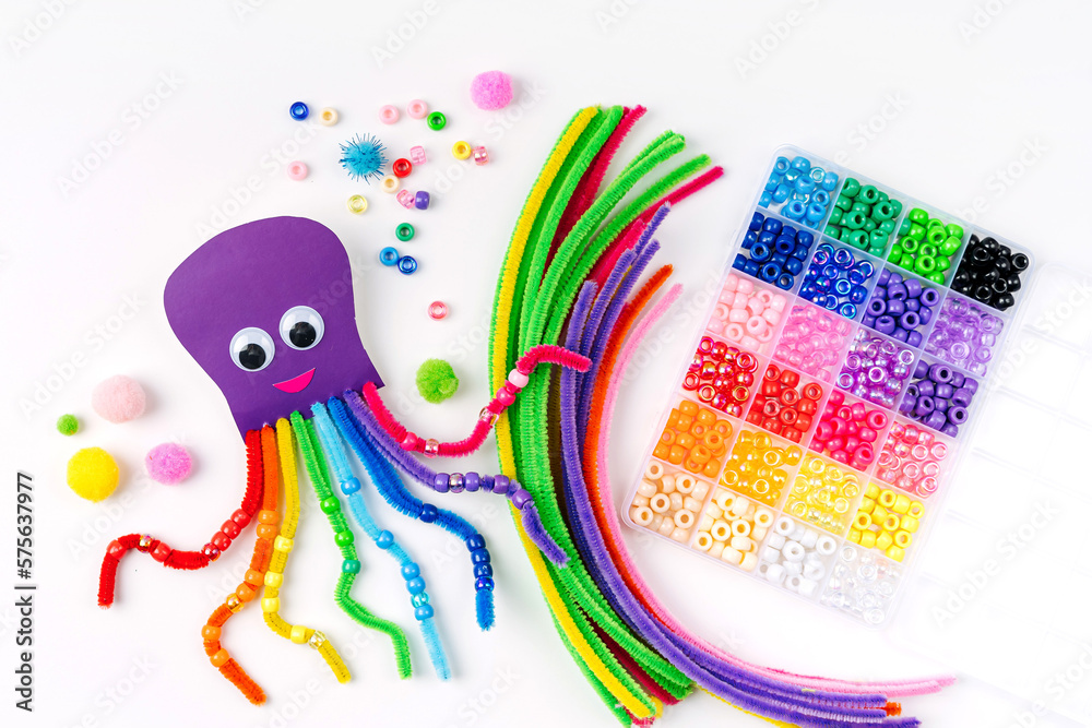 Funny octopus made of beads and pipe cleaners with different colorful
