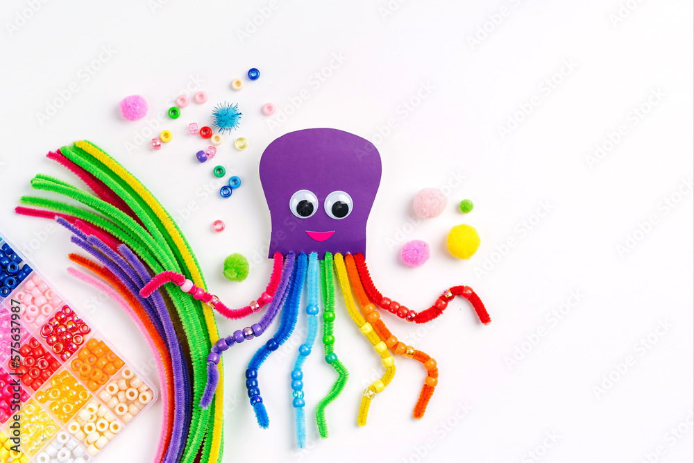 Funny octopus made of beads and pipe cleaners with different colorful
