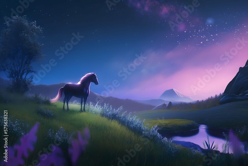 A horse in a beautiful landscape created with generative AI technology 